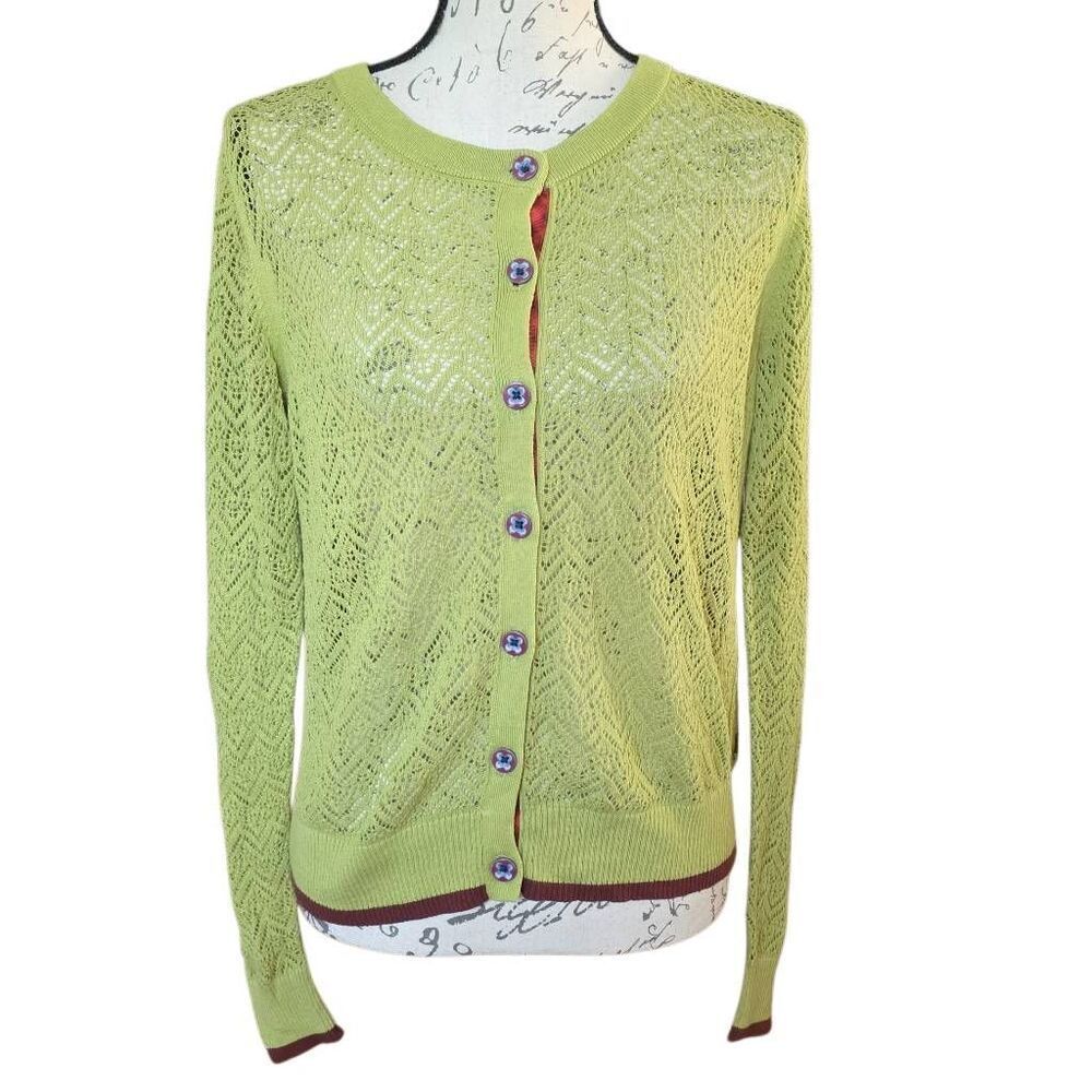 Matilda Jane Women's Size Medium Green Crochet Floral Lined Button Down Cardigan